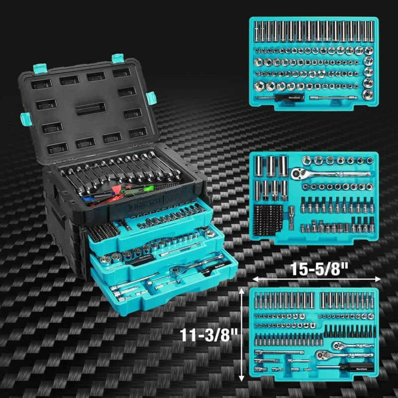 DURATECH 497-Piece Mechanics Tool Set, Include SAE/Metric Sockets, 90-Tooth Ratchet and Wrench Set in 3 Drawer Tool Box - Image 5