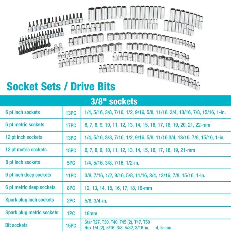 DURATECH 497-Piece Mechanics Tool Set, Include SAE/Metric Sockets, 90-Tooth Ratchet and Wrench Set in 3 Drawer Tool Box - Image 4