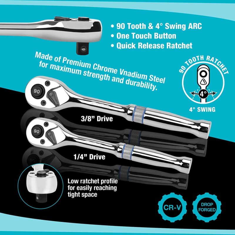 DURATECH 93 Piece Mechanics Tool Set, SAE/ Metric Drive Socket Set(1/4 inch and 3/8 inch) with Ratchiet Handle Spark Plug Magnetic Biti Driver and Tool Accessories Set - Image 4