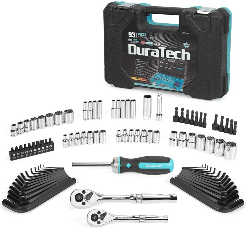 DURATECH 93 Piece Mechanics Tool Set, SAE/ Metric Drive Socket Set(1/4 inch and 3/8 inch) with Ratchiet Handle Spark Plug Magnetic Biti Driver and Tool Accessories Set