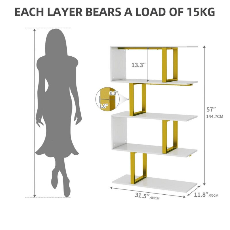 Dextrus 5 Tier Bookcase, S shape Geometric Bookshelf Wood Z-Shelf Modern Free Standing Bookshelf Storage Organizer for Living Room Bedroom Home Office, Gold - Image 4