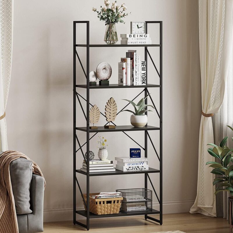 Dextrus 5-Tier Bookcase Storage Shelves, 65 in Ladder Bookshelf, Industrial Furniture for Bedroom Living Room Office,Black