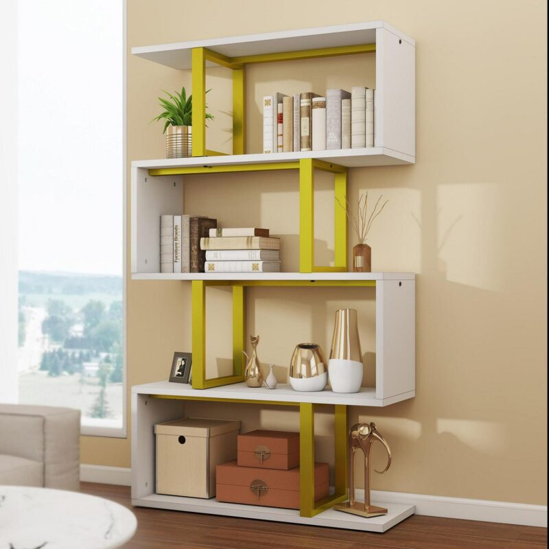 Dextrus 5 Tier Bookcase, S shape Geometric Bookshelf Wood Z-Shelf Modern Free Standing Bookshelf Storage Organizer for Living Room Bedroom Home Office, Gold