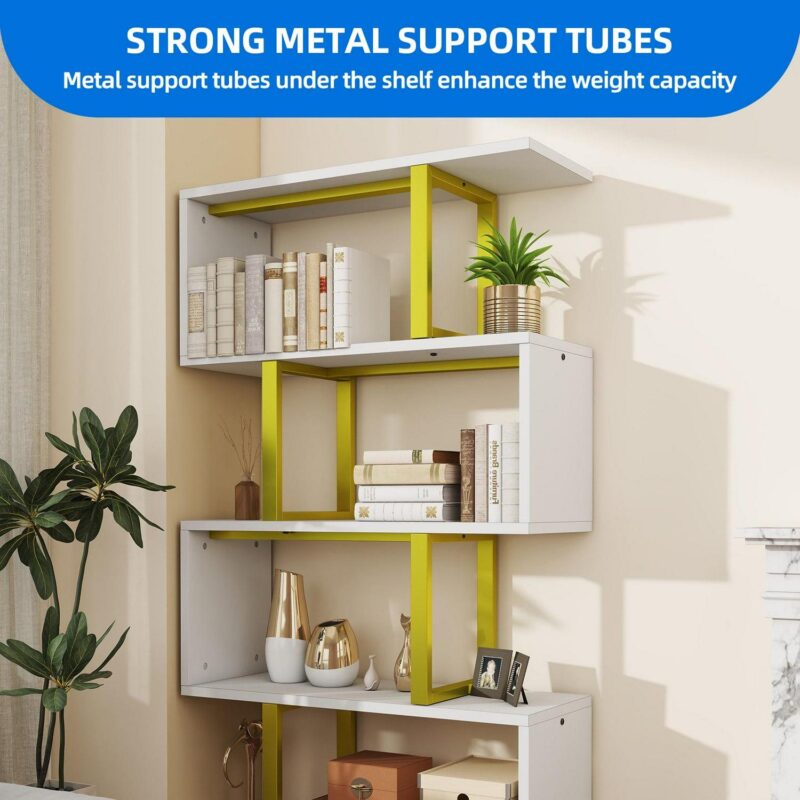 Dextrus 5 Tier Bookcase, S shape Geometric Bookshelf Wood Z-Shelf Modern Free Standing Bookshelf Storage Organizer for Living Room Bedroom Home Office, Gold - Image 5