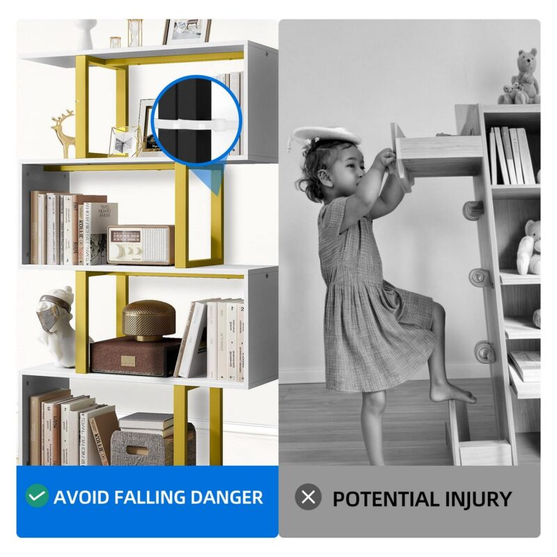 Dextrus 5 Tier Bookcase, S shape Geometric Bookshelf Wood Z-Shelf Modern Free Standing Bookshelf Storage Organizer for Living Room Bedroom Home Office, Gold - Image 6