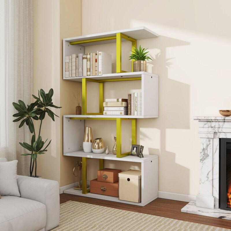 Dextrus 5 Tier Bookcase, S shape Geometric Bookshelf Wood Z-Shelf Modern Free Standing Bookshelf Storage Organizer for Living Room Bedroom Home Office, Gold - Image 3