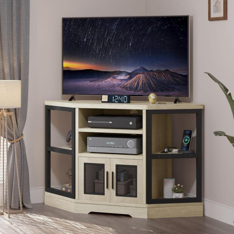 Dextrus Farmhouse Corner TV Stand for TVs up to 55 inch with Power Outlet, Wood Entertainment Center, TV Media Console with Storage, White Oak - Image 2