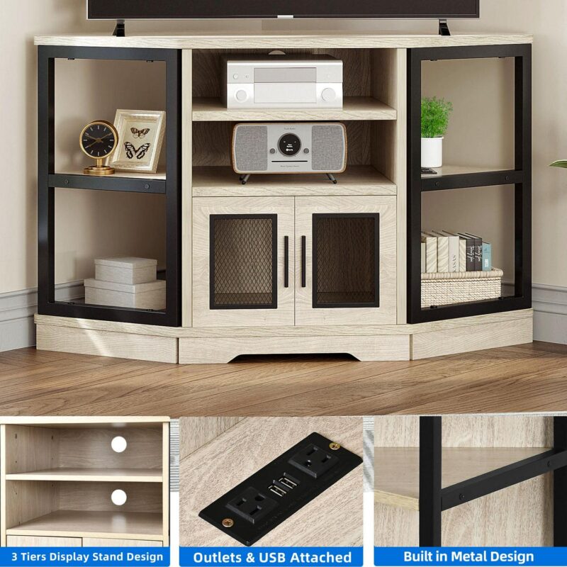 Dextrus Farmhouse Corner TV Stand for TVs up to 55 inch with Power Outlet, Wood Entertainment Center, TV Media Console with Storage, White Oak - Image 4