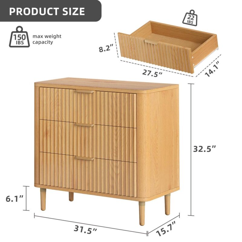 Dextrus Fluted 3-Drawer Dresser, Chest of Drawers Wood Storage Cabinet for Bedroom Living Room, Oak - Image 9