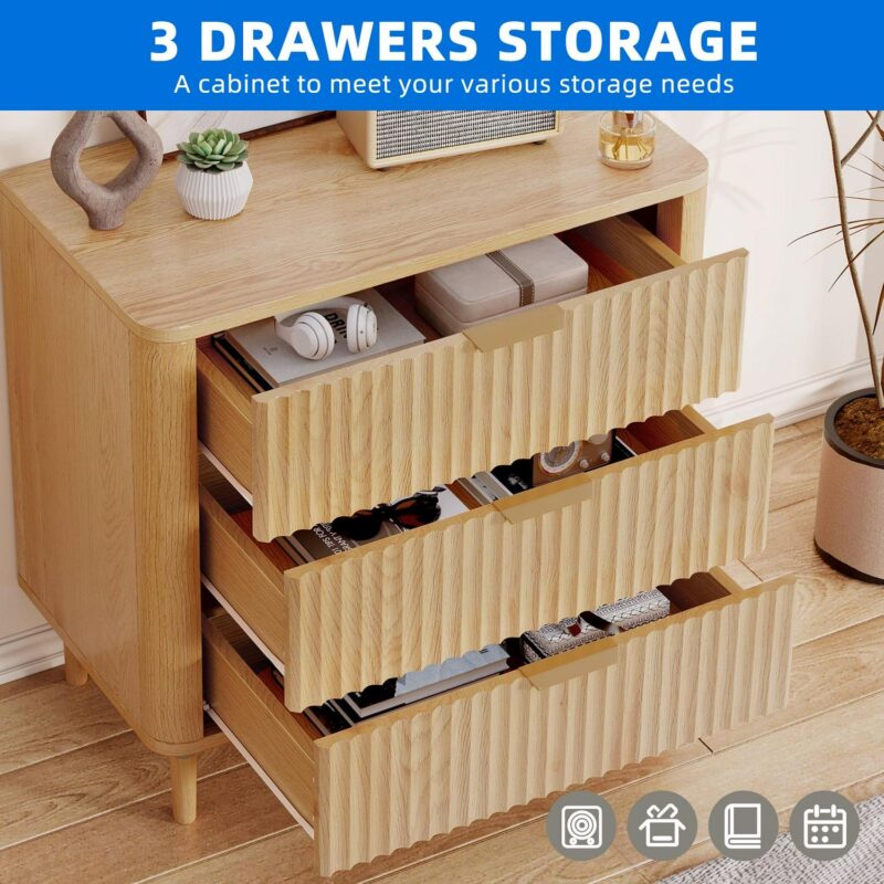 Dextrus Fluted 3-Drawer Dresser, Chest of Drawers Wood Storage Cabinet for Bedroom Living Room, Oak - Image 7