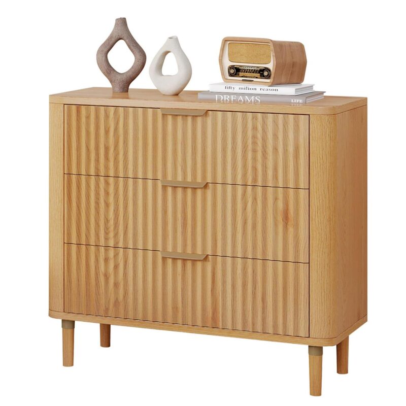 Dextrus Fluted 3-Drawer Dresser, Chest of Drawers Wood Storage Cabinet for Bedroom Living Room, Oak - Image 10