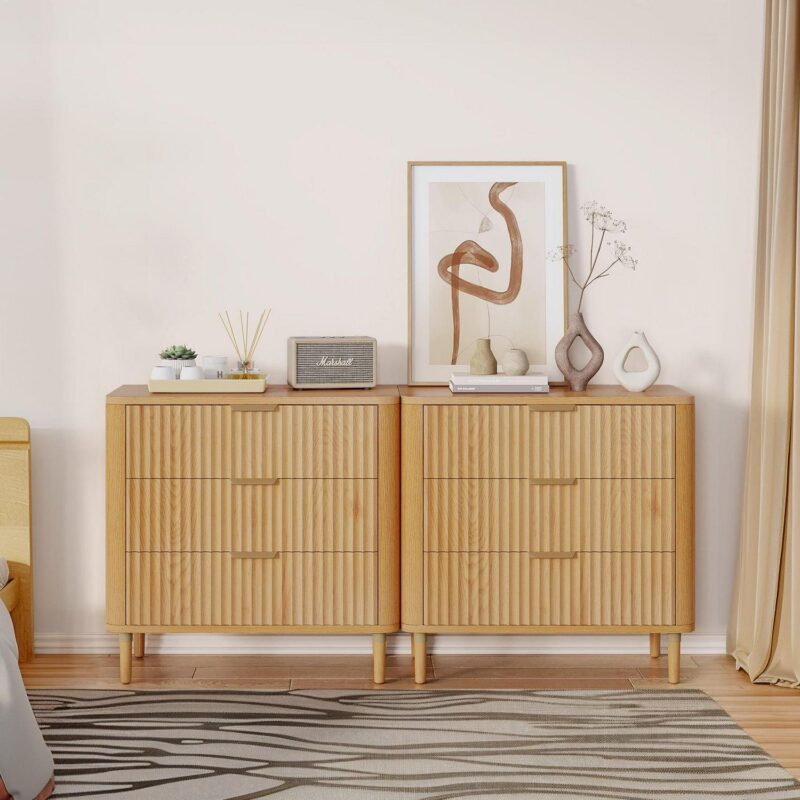 Dextrus Fluted 3-Drawer Dresser, Chest of Drawers Wood Storage Cabinet for Bedroom Living Room, Oak - Image 3