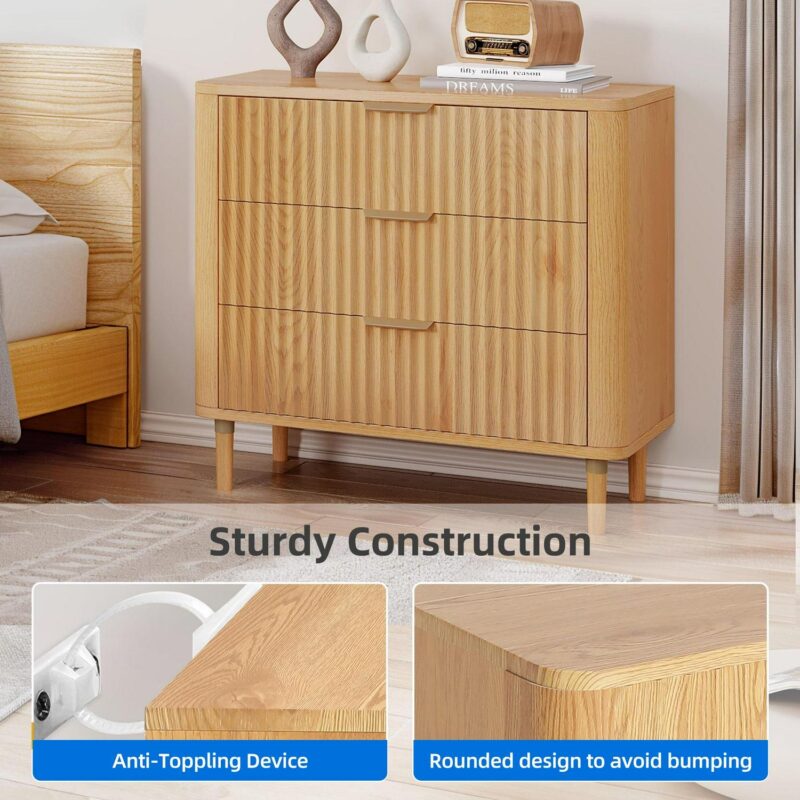 Dextrus Fluted 3-Drawer Dresser, Chest of Drawers Wood Storage Cabinet for Bedroom Living Room, Oak - Image 5