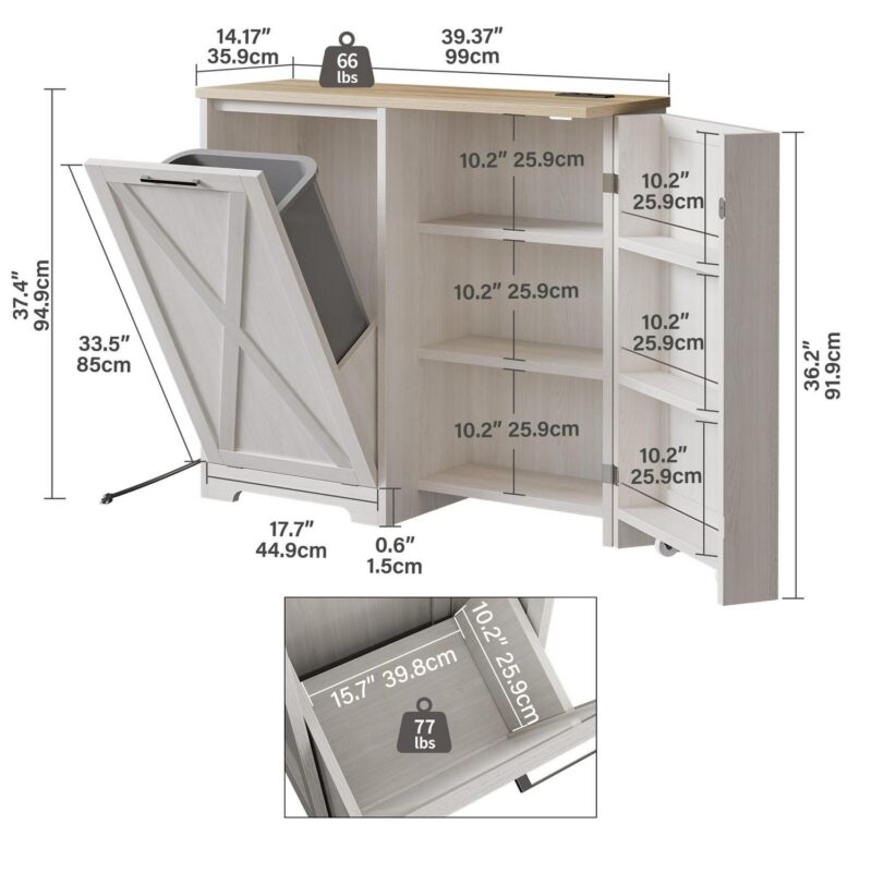 Dextrus Kitchen Tilt Out Trash Can Cabinet with Power Outlet, 13 Gallon Freestanding Trash Bin with Hideaway Storage Cabinet, Adjustable Shelf, White - Image 4