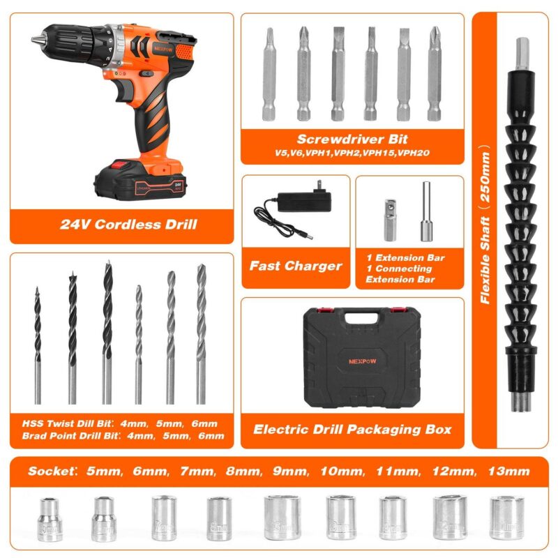 Drill Set - Nexpow 24V Max Lithium-ion, 18+1 Torque Settings, 2 Variable Speeds, 24pcs Drill Bits/Screws for DIY Projects, Orange - Image 6