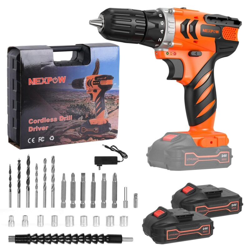 Drill Set - Nexpow 24V Max Lithium-ion, 18+1 Torque Settings, 2 Variable Speeds, 24pcs Drill Bits/Screws for DIY Projects, Orange