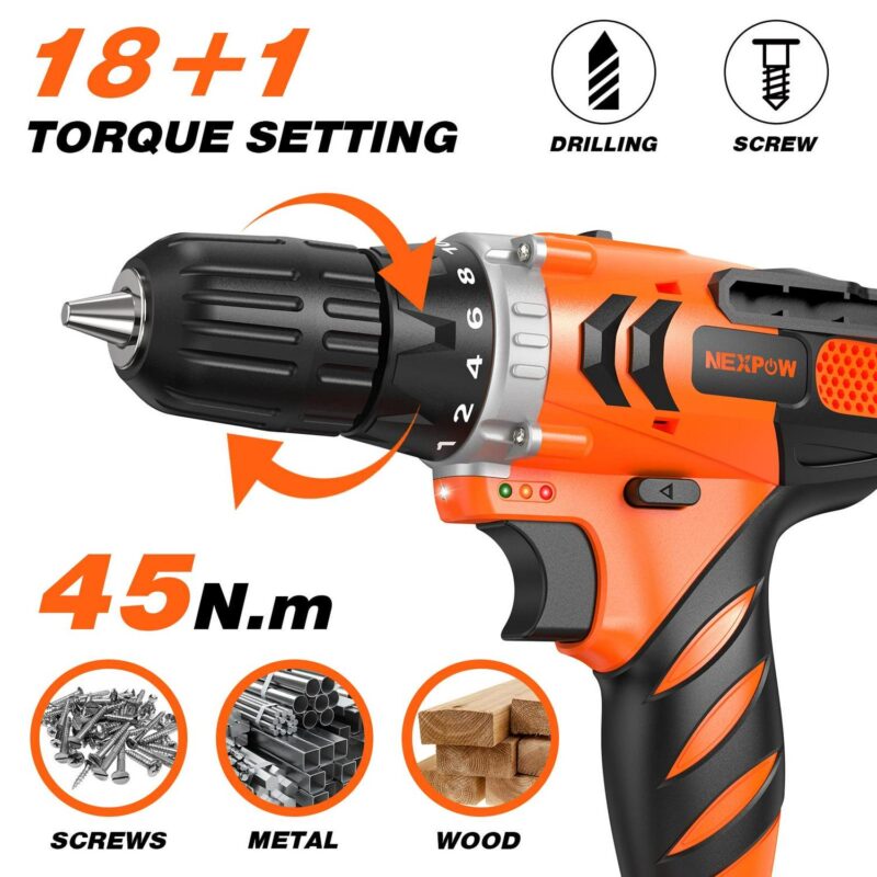 Drill Set - Nexpow 24V Max Lithium-ion, 18+1 Torque Settings, 2 Variable Speeds, 24pcs Drill Bits/Screws for DIY Projects, Orange - Image 3
