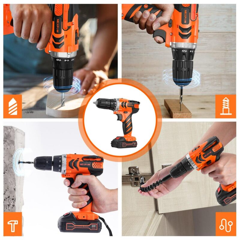 Drill Set - Nexpow 24V Max Lithium-ion, 18+1 Torque Settings, 2 Variable Speeds, 24pcs Drill Bits/Screws for DIY Projects, Orange - Image 8