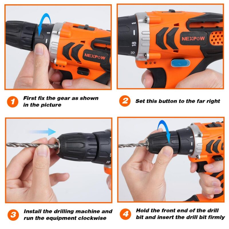 Drill Set - Nexpow 24V Max Lithium-ion, 18+1 Torque Settings, 2 Variable Speeds, 24pcs Drill Bits/Screws for DIY Projects, Orange - Image 7