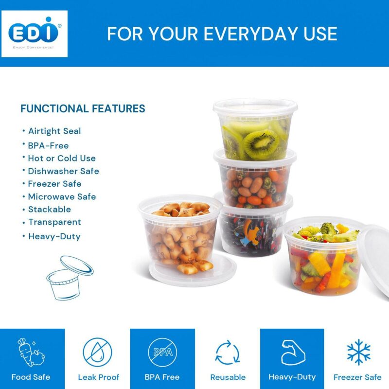 [EDI-Round Deli Containers (16 oz, 25)] Plastic Deli Food Storage Containers with Airtight Lids | Microwave-, Freezer and Dishwasher-Safe | BPA Free | Heavy-Duty | Meal Prep | Leakproof | Recyclable - Image 6