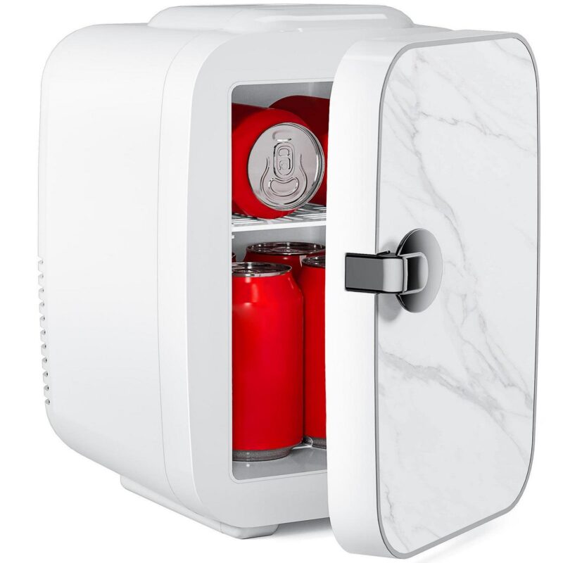 EDX Mini Fridge, Portable RV Refrigerator, 4 Liter/6 Can Compact Personal Cooler for Home, Outdoor, Marble White