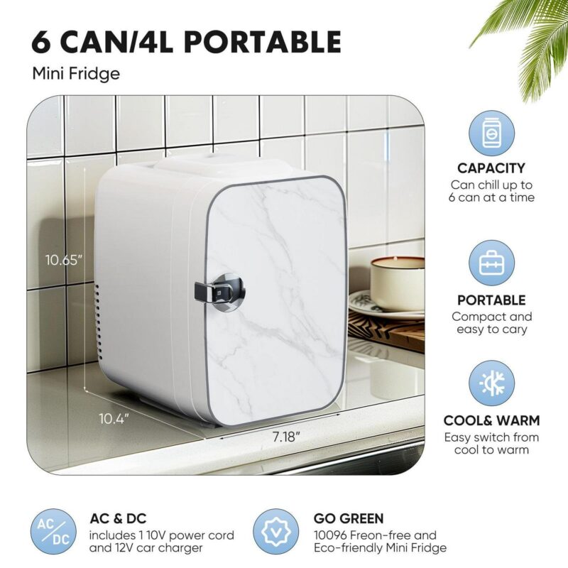 EDX Mini Fridge, Portable RV Refrigerator, 4 Liter/6 Can Compact Personal Cooler for Home, Outdoor, Marble White - Image 2