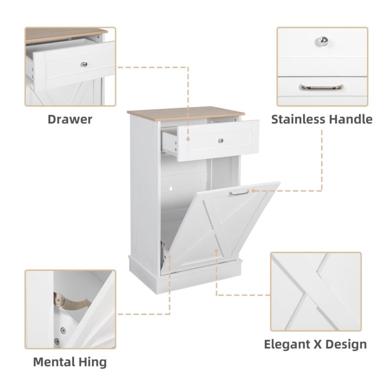 ELECWISH Kitchen Tilt Out Trash Can Cabinet Freestanding Trash Bin Holder Storage Drawer Waste Bin-Wooden Recycling Trash Cabinet,White - Image 11
