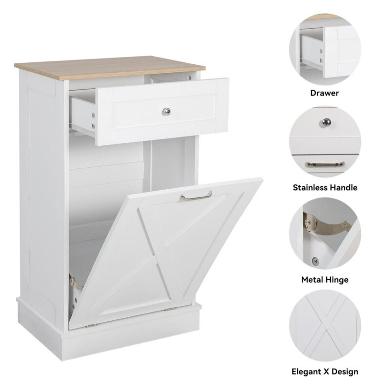 ELECWISH Kitchen Tilt Out Trash Can Cabinet Freestanding Trash Bin Holder Storage Drawer Waste Bin-Wooden Recycling Trash Cabinet,White - Image 9
