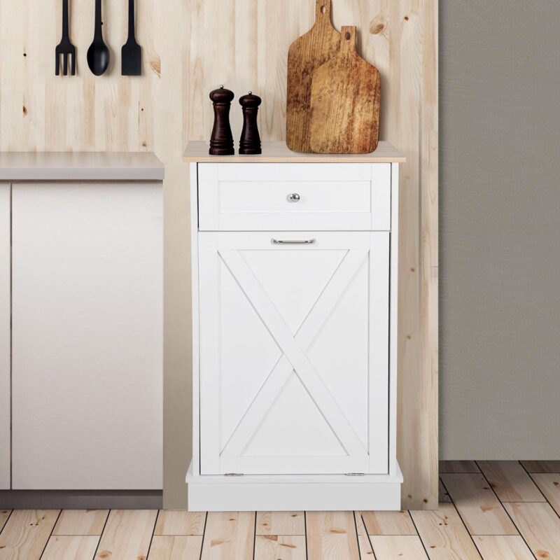 ELECWISH Kitchen Tilt Out Trash Can Cabinet Freestanding Trash Bin Holder Storage Drawer Waste Bin-Wooden Recycling Trash Cabinet,White - Image 5