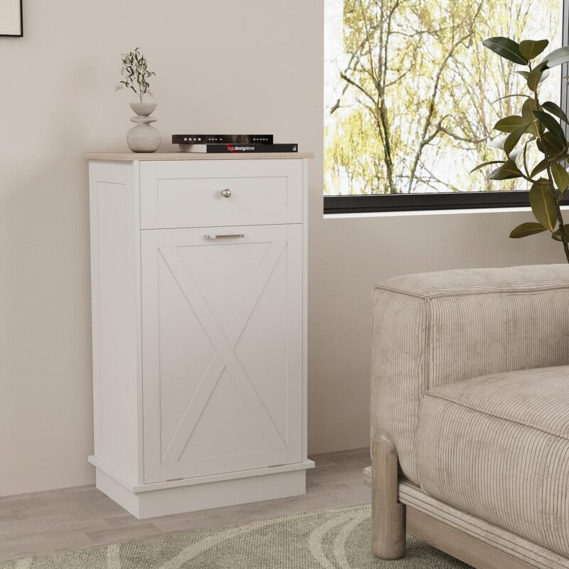 ELECWISH Kitchen Tilt Out Trash Can Cabinet Freestanding Trash Bin Holder Storage Drawer Waste Bin-Wooden Recycling Trash Cabinet,White - Image 4