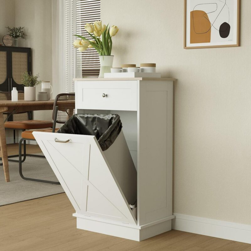 ELECWISH Kitchen Tilt Out Trash Can Cabinet Freestanding Trash Bin Holder Storage Drawer Waste Bin-Wooden Recycling Trash Cabinet,White - Image 2