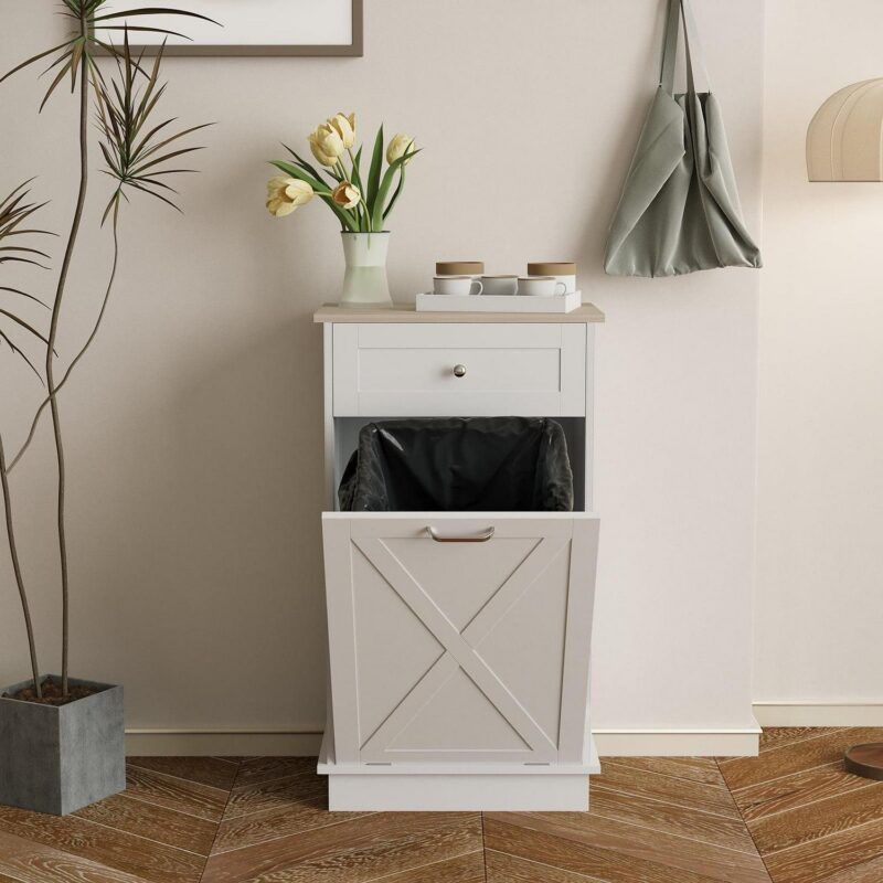 ELECWISH Kitchen Tilt Out Trash Can Cabinet Freestanding Trash Bin Holder Storage Drawer Waste Bin-Wooden Recycling Trash Cabinet,White - Image 6