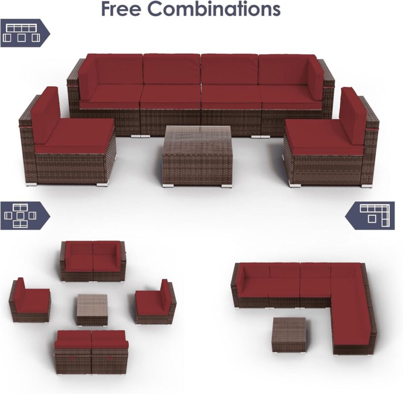 ELPOSUN 7 Pieces Patio Furniture Set All Weather Outdoor Sectional Sofa, Outdoor Modern Sectional Furniture Wicker Couch with Glass Coffee Table, Thicken Khaki Anti-Slip Cushions, Waterproof Cover - Image 8
