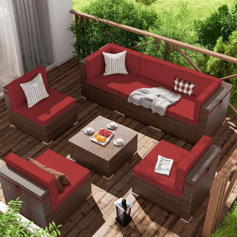ELPOSUN 7 Pieces Patio Furniture Set All Weather Outdoor Sectional Sofa, Outdoor Modern Sectional Furniture Wicker Couch with Glass Coffee Table, Thicken Khaki Anti-Slip Cushions, Waterproof Cover - Image 9