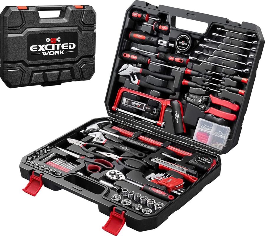 EXCITED WORK 198 Pcs Hand Tool Set, Mechanic Tools Kit with Plastic Storage Case Wrench Screwdriver Saw for Home Maintenance i 1/4 Automotive Repair
