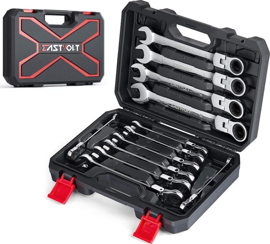 Eastvolt 12-Piece Flex-Head Ratcheting Wrench Set, Metric 8mm-19mm, Combination Ended Spanner kits, Chrome Vanadium Steel with Toolbox