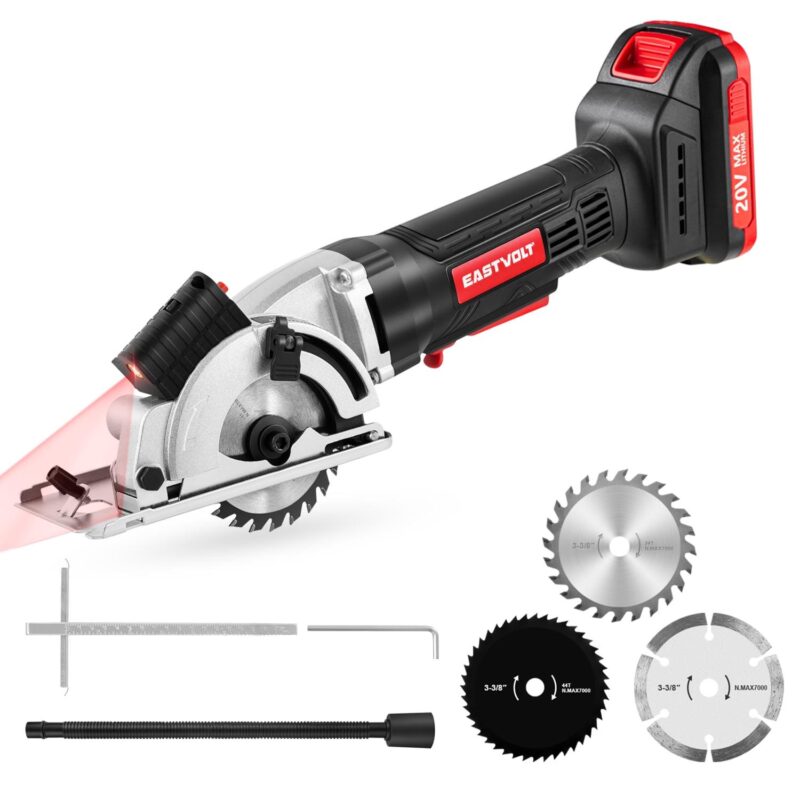 Eastvolt 20V 3-3/8  Cordless Circular Saw, 4500RPM Compact Circular Saw with Laser Guide, Scale Ruler, 3 Blades for Cutting Woods, Plastics, Tile and Soft Metal