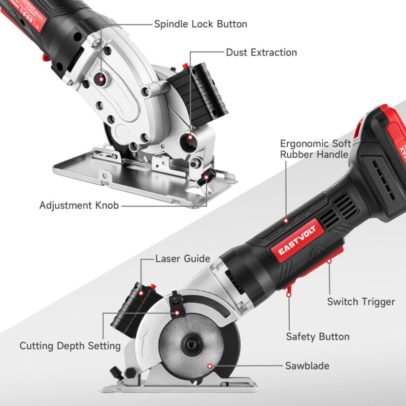 Eastvolt 20V 3-3/8  Cordless Circular Saw, 4500RPM Compact Circular Saw with Laser Guide, Scale Ruler, 3 Blades for Cutting Woods, Plastics, Tile and Soft Metal - Image 9
