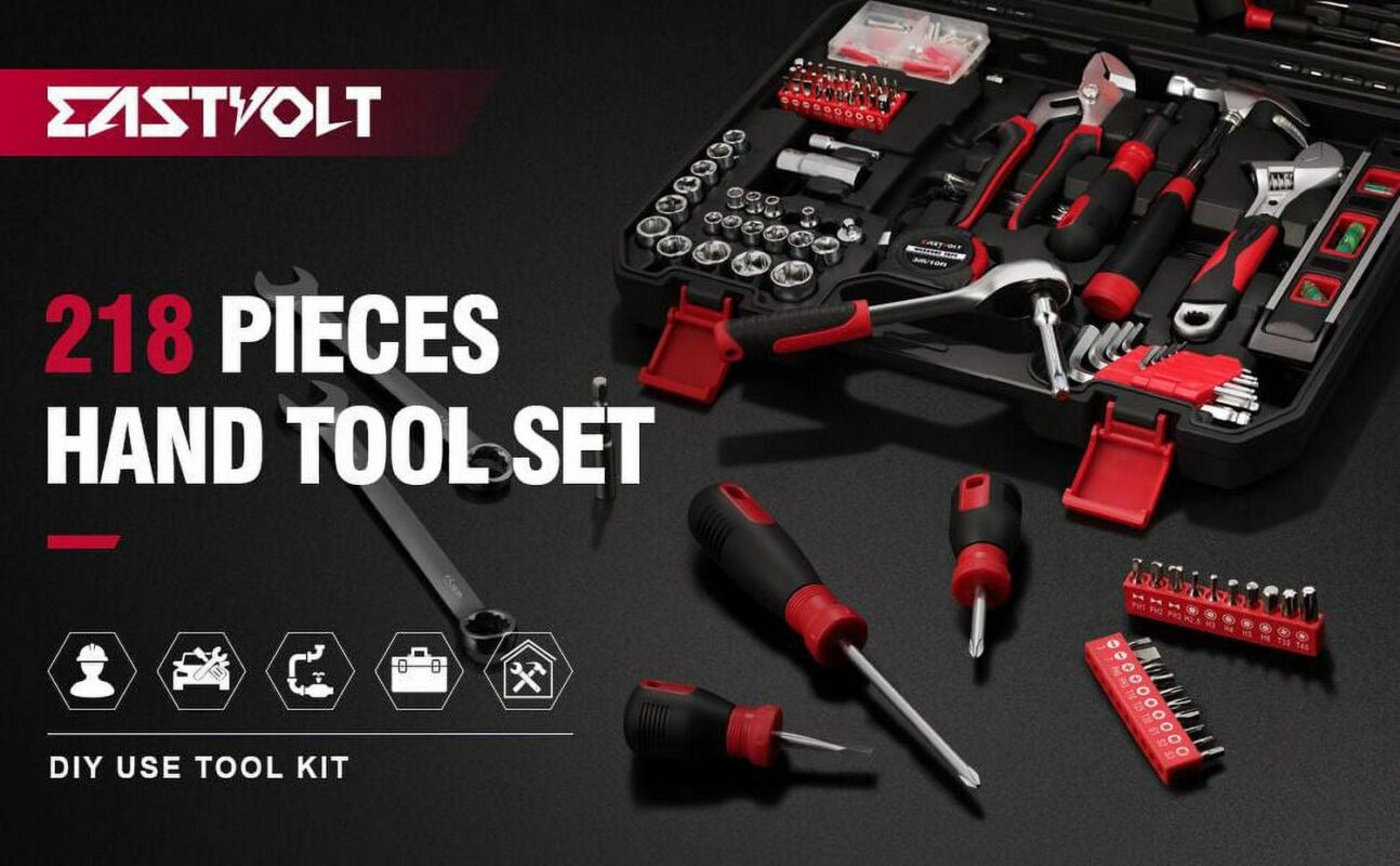 Eastvolt 218-Piece Household Tool Kit, Auto Repair Tool Set, Tool Kits for Homeowner, Plier, Screwdriver Set, Socket Kit and Toolbox Storage Case - Image 2