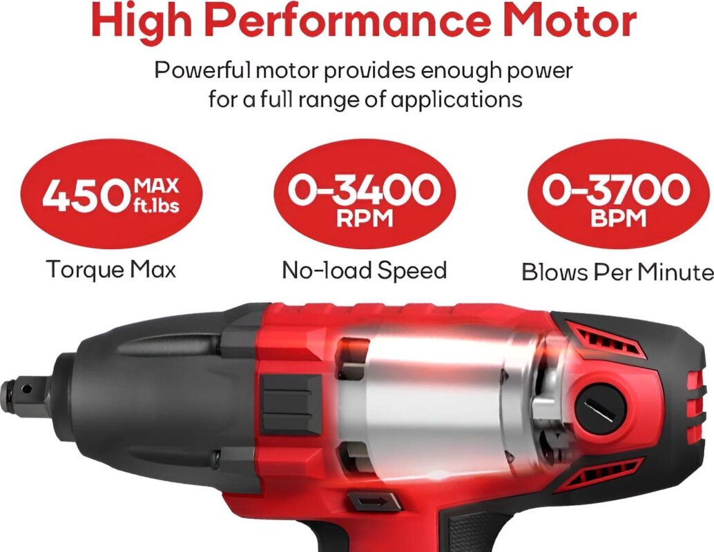 Eastvolt 800W Electric Impact Wrench, Heavy Duty 7.5 Amp Corded Max Torque 450 Ft-lbs 3400 RPM, 1/2 Inch with Hog Ring Anvil - Image 8