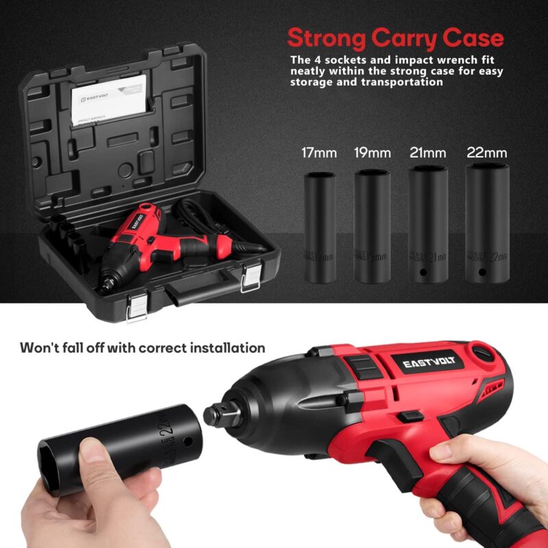 Eastvolt 800W Electric Impact Wrench, Heavy Duty 7.5 Amp Corded Max Torque 450 Ft-lbs 3400 RPM, 1/2 Inch with Hog Ring Anvil - Image 10