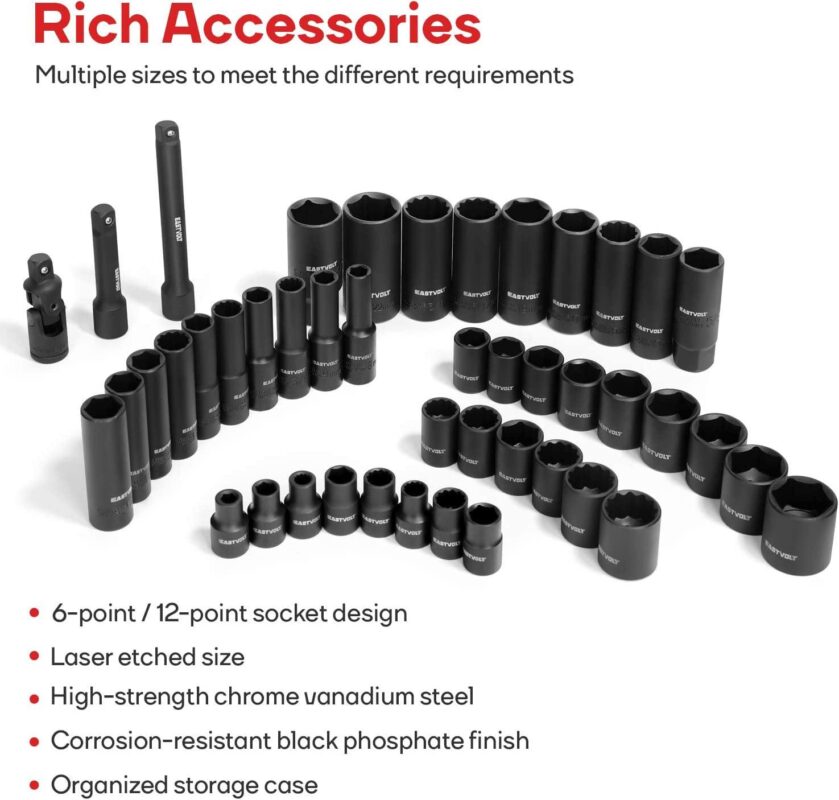 Eastvolt Mechanic Tool Kit, Drive Socket Set, 46 Pieces, with 72 Teeth Reversible Ratchet, Metric/SAE - Image 5