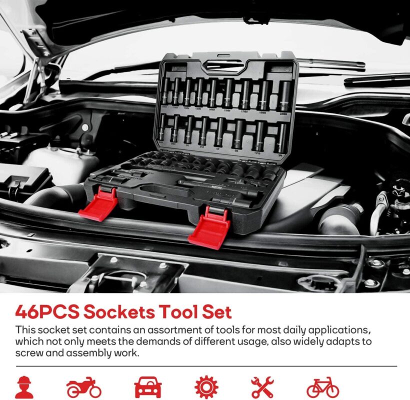 Eastvolt Mechanic Tool Kit, Drive Socket Set, 46 Pieces, with 72 Teeth Reversible Ratchet, Metric/SAE - Image 4