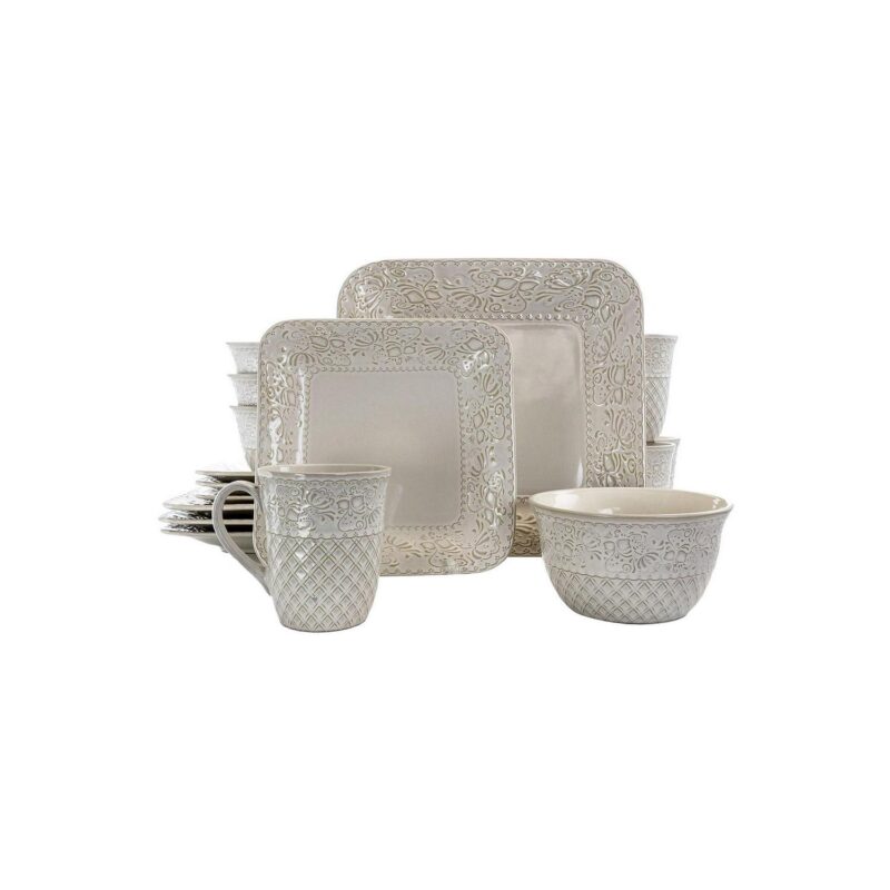 Elama Ivory Lotus 16 Piece Square Stoneware Dinnerware Set - Image 4