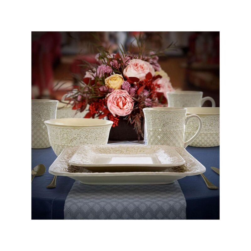 Elama Ivory Lotus 16 Piece Square Stoneware Dinnerware Set - Image 2