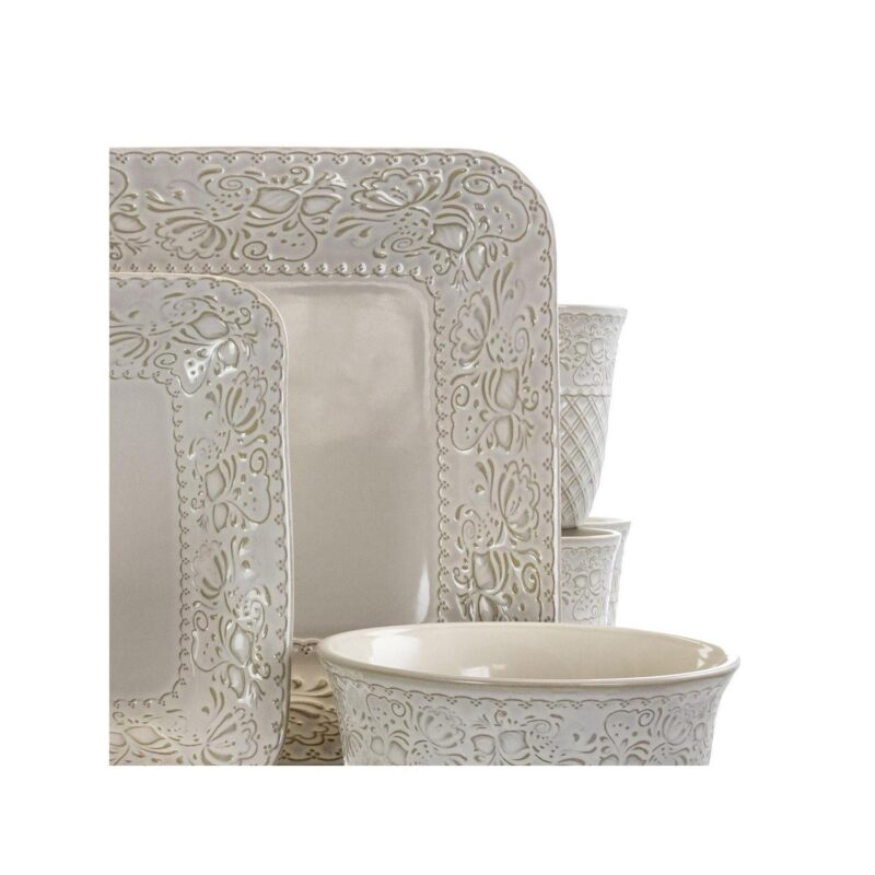 Elama Ivory Lotus 16 Piece Square Stoneware Dinnerware Set - Image 3