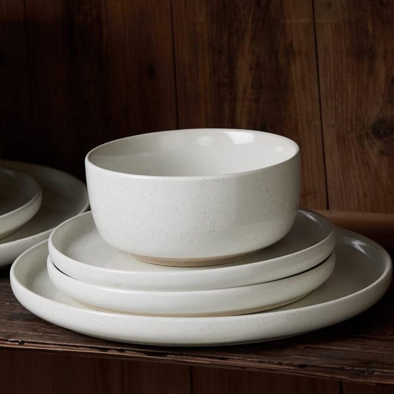 Famiware Plates and Bowls Set, 12 Piece Stoneware Dinnerware Sets, White - Image 4
