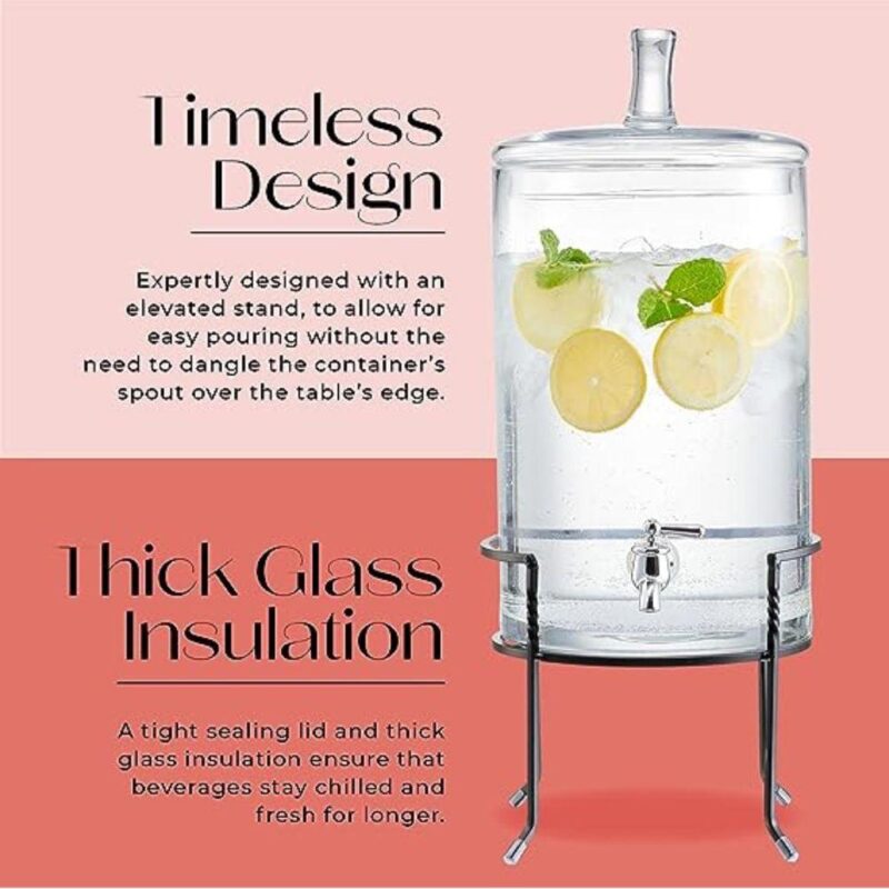 Fifth Avenue Crystal, Round, Clear Glass Beverage Dispenser with Spigot and Metal Stand, 2.5 Gallon - Image 2