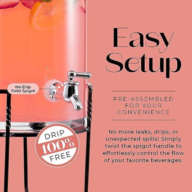 Fifth Avenue Crystal, Round, Clear Glass Beverage Dispenser with Spigot and Metal Stand, 2.5 Gallon - Image 4