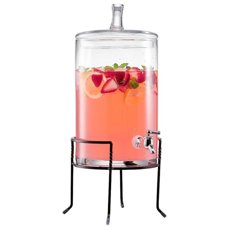 Fifth Avenue Crystal, Round, Clear Glass Beverage Dispenser with Spigot and Metal Stand, 2.5 Gallon